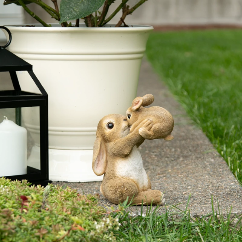 Playful Mom and Baby Rabbit Figurine